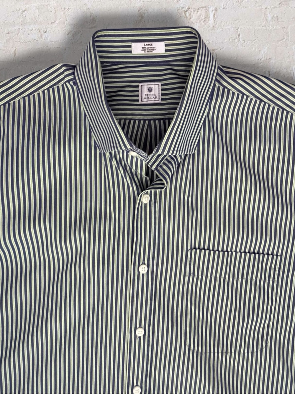 Peter Millar Men’s Large Blue Green Stripe Button Front Dress Shirt 100% Cotton